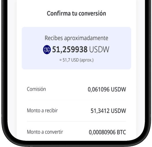 Mobile screen showing a conversion confirmation in Spanish. Displays receiving 51.259938 USDW with fees and BTC amount details.